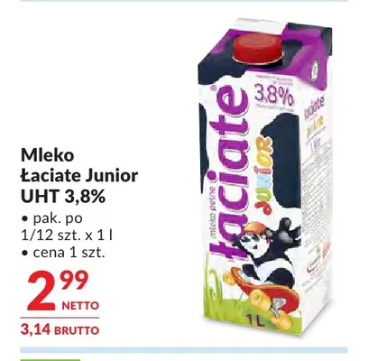 Mleko UHT Łaciate Junior 3,8% promocja w Makro