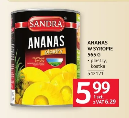 Ananas w puszce w syropie plastry Sandra promocja w Selgros