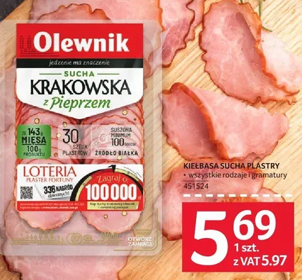 Kiełbasa sucha plastry Krakowska z pieprzem Olewnik 100g promocja w Selgros