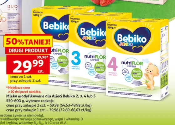 Mleko modyfikowane dla dzieci Bebiko 2, 3, 4 lub 5 promocja w Auchan