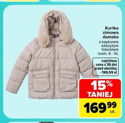 Kurtka zimowa damska z kapturem obszytym futerkiem promocja w Carrefour