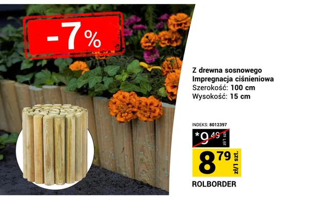 Rolborder z drewna sosnowego impregnacja ciśnieniowa szerokość 100cm wysokość 15cm promocja w Merkury Market