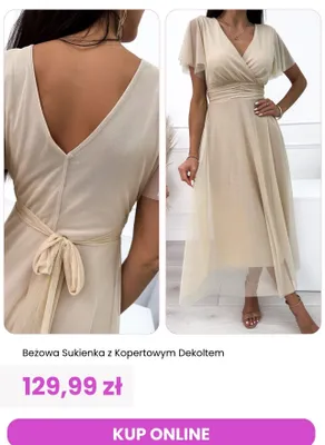 Sukienka beżowa z kopertowym dekoltem ModnaKiecka.pl promocja w Modna Kiecka