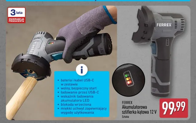 Akumulatorowa szlifierka kątowa FERREX 12V promocja w Aldi