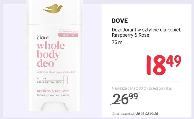 Dezodorant w sztyfcie dla kobiet Dove Whole Body Deo Raspberry & Rose promocja w Rossmann