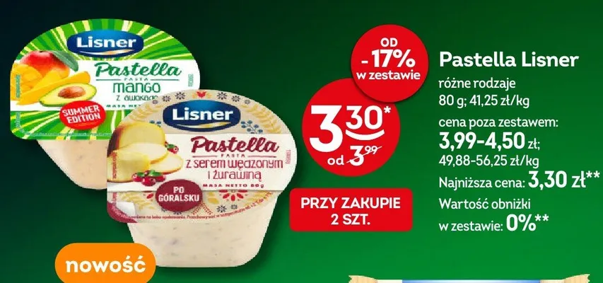 Pasta Pastella z serem wędzonym i żurawiną Lisner promocja w Żabka