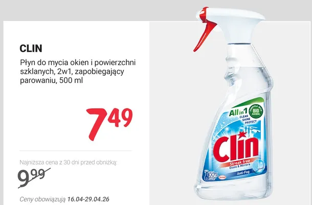 Płyn do mycia okien i powierzchni szklanych Clin All in 1 2w1 zapobiegający parowaniu promocja w Rossmann