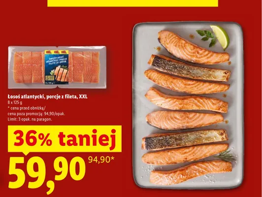 Łosoś atlantycki porcje z fileta XXL Targ Rybny Lidla 8-pak promocja w Lidl