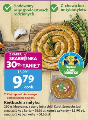 Kiełbaski z indyka klasyczne, z curry lub z chili. Dział Samoobsługi promocja w Auchan