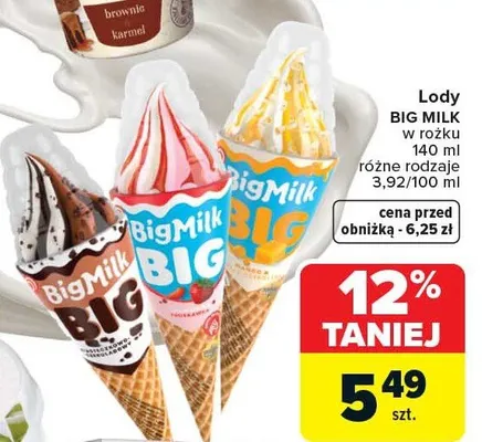 Lody big milk w rożku promocja w Carrefour