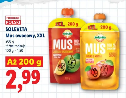 Mus owocowy Solevita XXL jabłko brzoskwinia promocja w Lidl