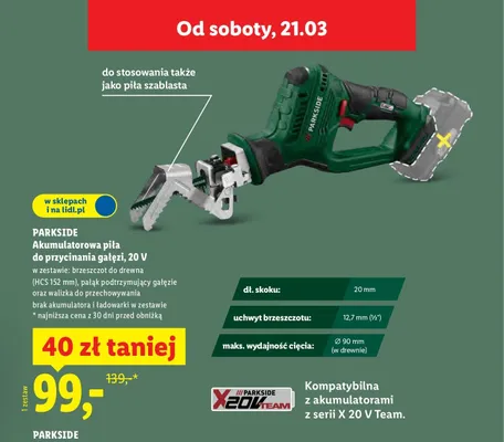 Piła akumulatorowa do przycinania gałęzi 20 V promocja w Lidl