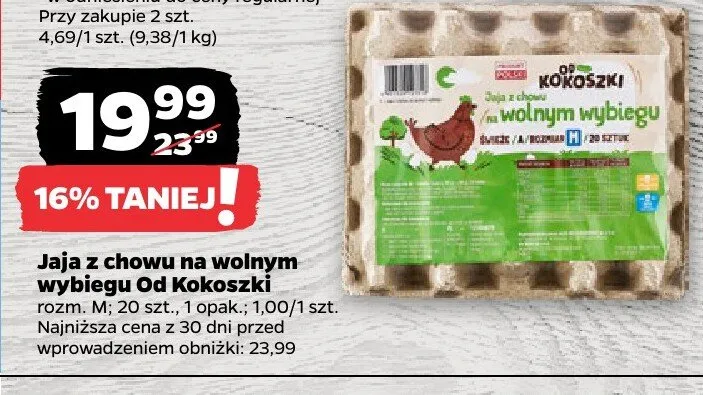 Jaja z chowu na wolnym wybiegu Od Kokoszki rozm. M promocja w Netto
