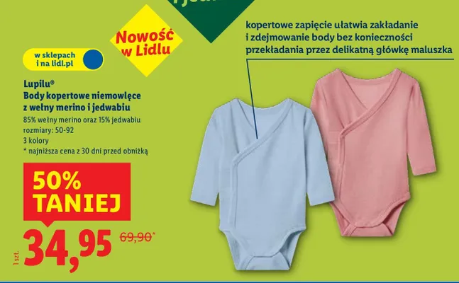 Body kopertowe niemowlęce z wełny merino i jedwabiu promocja w Lidl