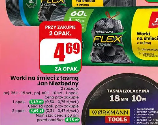 Worki na śmieci z taśmą Jan Niezbędny 60 l promocja w Dino