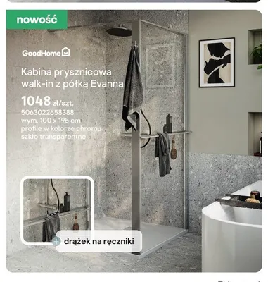 Kabina prysznicowa walk-in z półką GoodHome Evanna promocja w Castorama