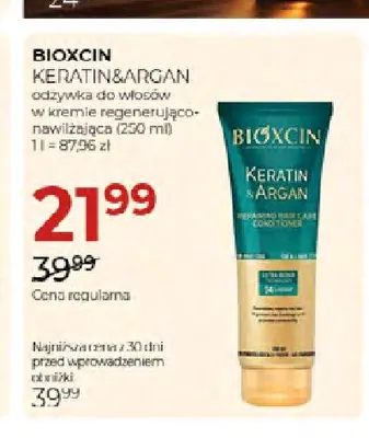Odżywka do włosów w kremie regenerująco-nawilżająca Keratin & Argan Bioxcin promocja w Drogerie Jawa