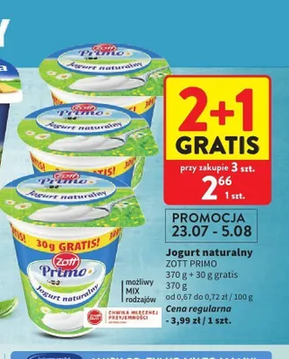 Jogurt naturalny Zott Primo promocja w Intermarche