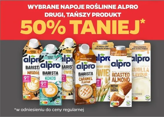 Napoje roślinne Alpro, drugi, tańszy produkt 50% taniej promocja w Netto