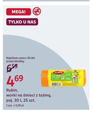 Worki na śmieci z taśmą Rubin 30 l promocja w Rossmann