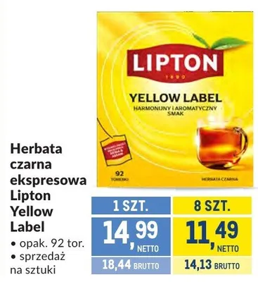 Herbata czarna ekspresowa Lipton Yellow Label promocja w Makro