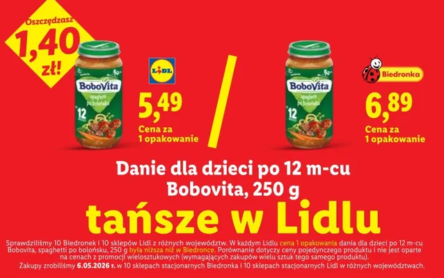 Danie dla dzieci po 12m-cu Bobovita spaghetti po bolońsku promocja w Lidl