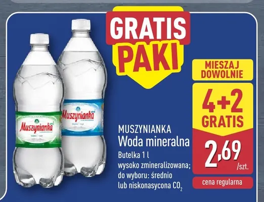 Woda mineralna gazowana niskonasycona CO2 Muszynianka promocja w Aldi