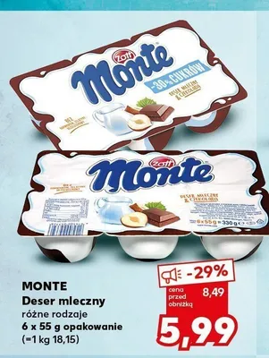 Deser mleczny Monte -30% cukru promocja w Kaufland