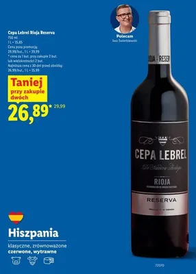 Wino czerwone wytrawne Cepa Lebrel Rioja Reserva promocja w Lidl