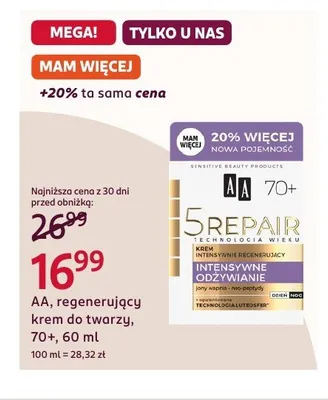 Regenerujący krem do twarzy AA 5 Repair 70+ promocja w Rossmann