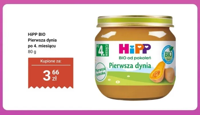 Danie dla niemowląt pierwsza dynia HiPP BIO po 4 miesiącu promocja w Biedronka