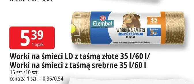 Worki na śmieci z taśmą srebrne Elembal 35 l promocja w Leclerc