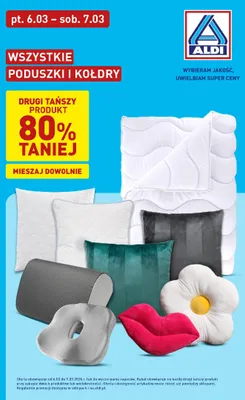 Poduszki i kołdry - drugi tańszy produkt 80% taniej promocja w Aldi