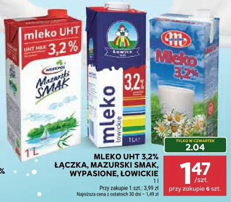 Mleko UHT 3,2% Łączka, Mazurski Smak, Wypasione, Łowickie promocja w Stokrotka
