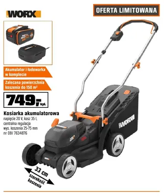 Kosiarka akumulatorowa WORX napięcie 20V kosz 35l centralna regulacja wys. koszenia 25-75mm promocja w OBI
