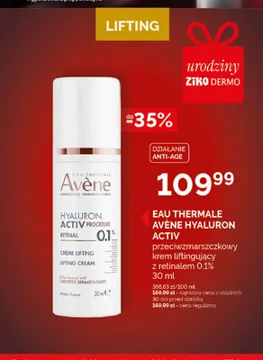 Przeciwzmarszczkowy krem liftingujący z retinalem 0,1% Eau Thermale Avène Hyaluron Activ promocja w Ziko Dermo