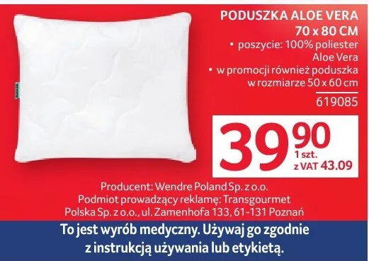PODUSZKA ALOE VERA 70 x 80 CM promocja w Selgros