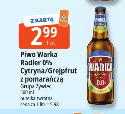 Piwo bezalkoholowe Warka Radler 0% Cytryna promocja w Leclerc