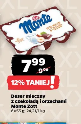Deser mleczny z czekoladą i orzechami Monte Zott 6-pak promocja w Netto