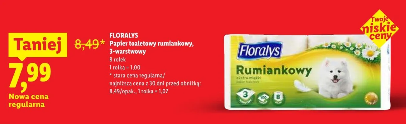 Papier toaletowy Floralys Rumiankowy 3-warstwowy 8-pak promocja w Lidl