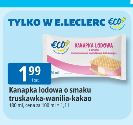 Kanapka lodowa o smaku truskawkowo-waniliowo-kakaowym ECO+ promocja w Leclerc