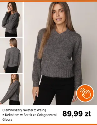 Ciemnoszary sweter z wełną z dekoltem w serek ze ściągaczami Gleora promocja w Born2be