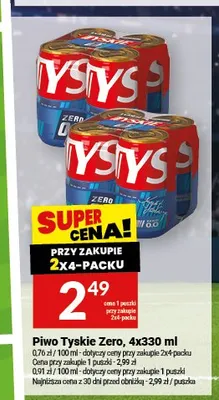 Piwo bezalkoholowe Tyskie Zero 4-pak 330 ml promocja w Twój Market