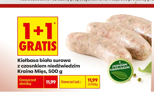 Kiełbasa biała surowa z czosnkiem niedźwiedzim Kraina Mięs promocja w Biedronka