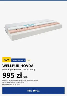 Materac piankowy Wellpur Hovda 80x200 cm twardy promocja w Jysk