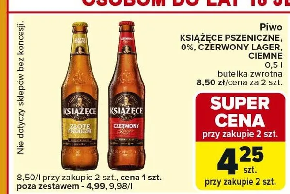 Piwo książęce pszeniczne, 0%, czerwony lager, ciemne butelka zwrotna promocja w Carrefour Express
