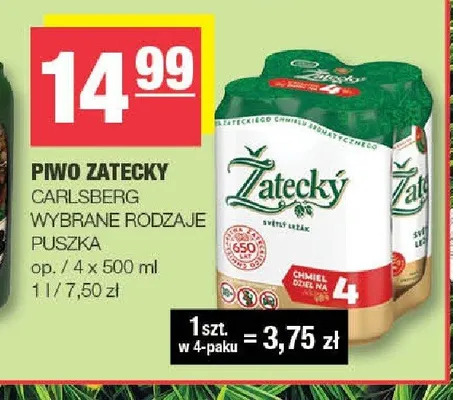 Piwo Zatecky Svetly Lezak 4-pak 500ml promocja w SPAR