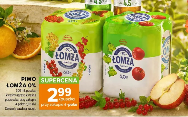 Piwo bezalkoholowe Łomża Radler Kwaśny Agrest 4-pak promocja w Stokrotka