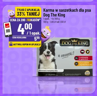 Karma w saszetkach dla psa Dog The King z wołowiną w galaretce i z kurczakiem i jagnięciną w sosie promocja w POLOmarket