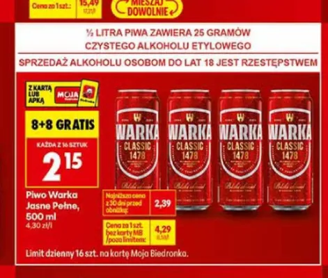 Piwo Warka Jasne Pełne promocja w Biedronka